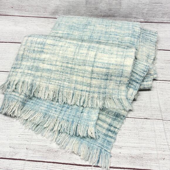 Anthropologie Blue Plaid Oversized Fringed Blanket Scarf Wrap Acrylic Wool Blend - Picture 1 of 7